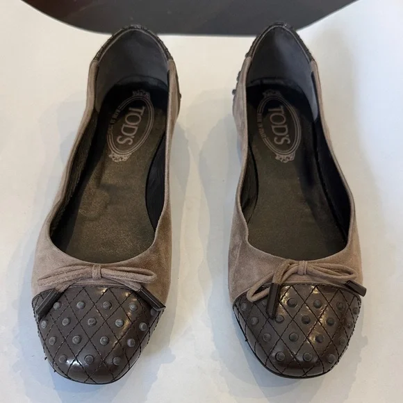 Tod's Two-Tone Brown and Tan Suede Flats - Picture 1 of 8